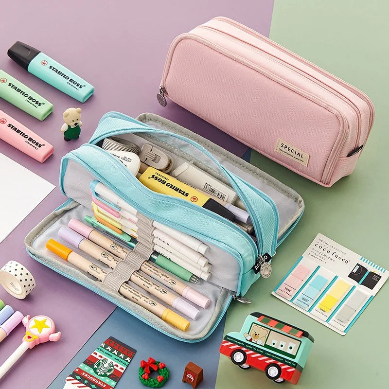 Kawaii Large Capacity Pencil Case 3 Compartment Pouch Pen Bag Double Side Opening Students Stationery Organizer School Supplies