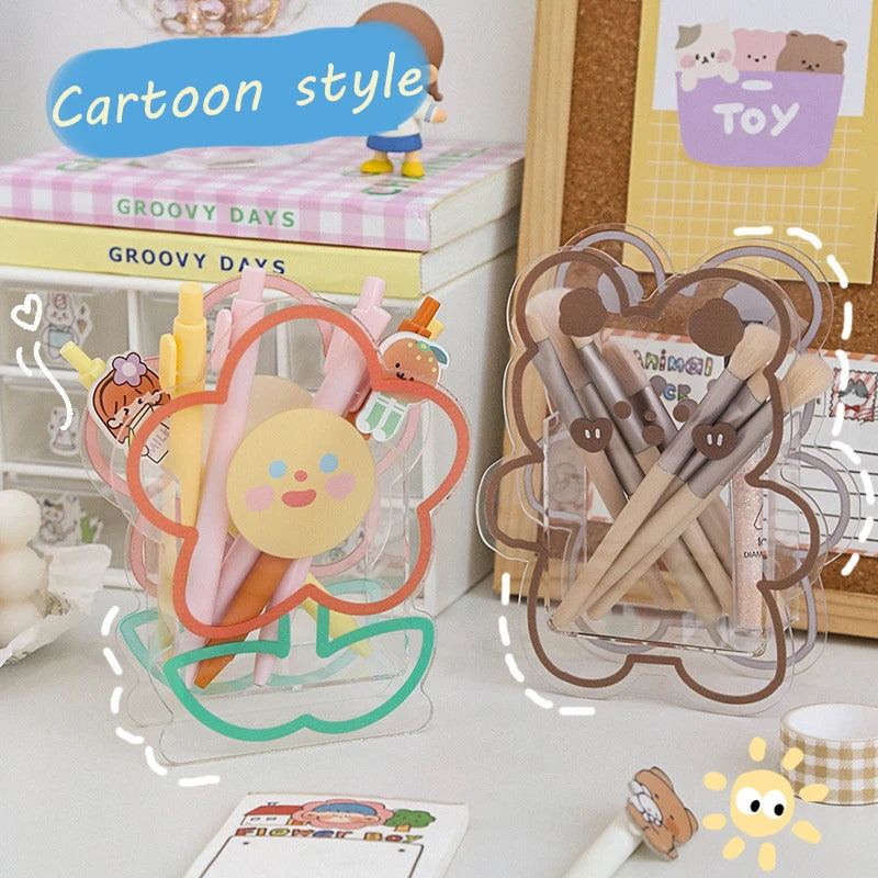 Kawaii Pen Holder Creative Cute Desk Organizer Cartoon Acrylic Transparent Stationary Storage Box Students School Office Supply