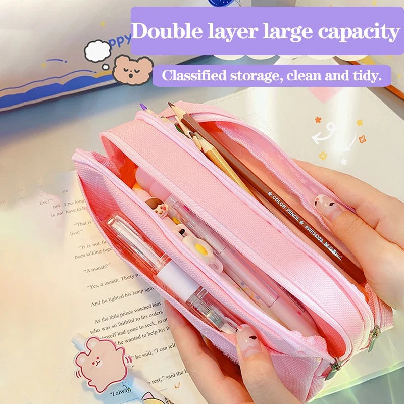 Kawaii Astronaut Pencil Bag Large Capacity Waterproof Washable Double Zipper Leather Pen Case School Student Supplies Stationery