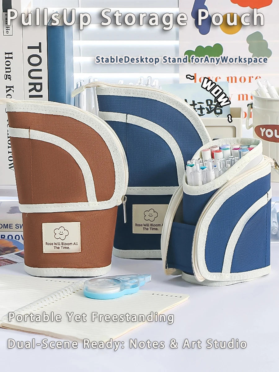 Pull-Flat Pen Organizer 2in1 Portable 50+ Tools Pouch Wide Mouth Back To School Essential for Students Art Supplies Organizer