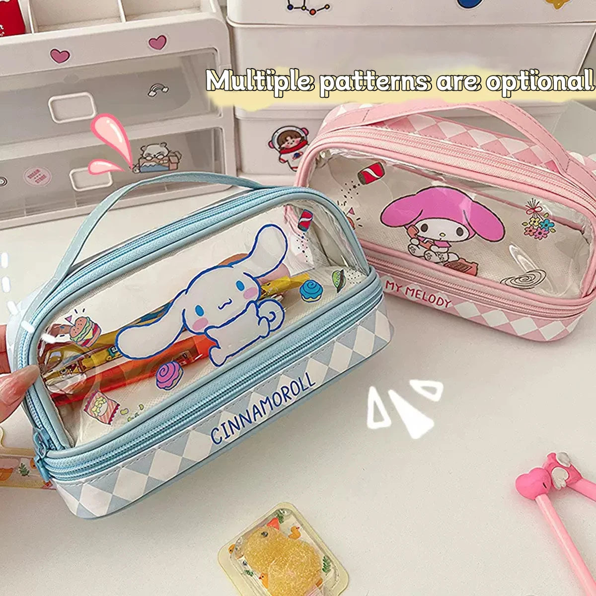 Cartoon Kawaii Large-capacity Pencil Case Student Portable Transparent Double-layer Storage Bag Cute Cosmetic Bag Stationery Box