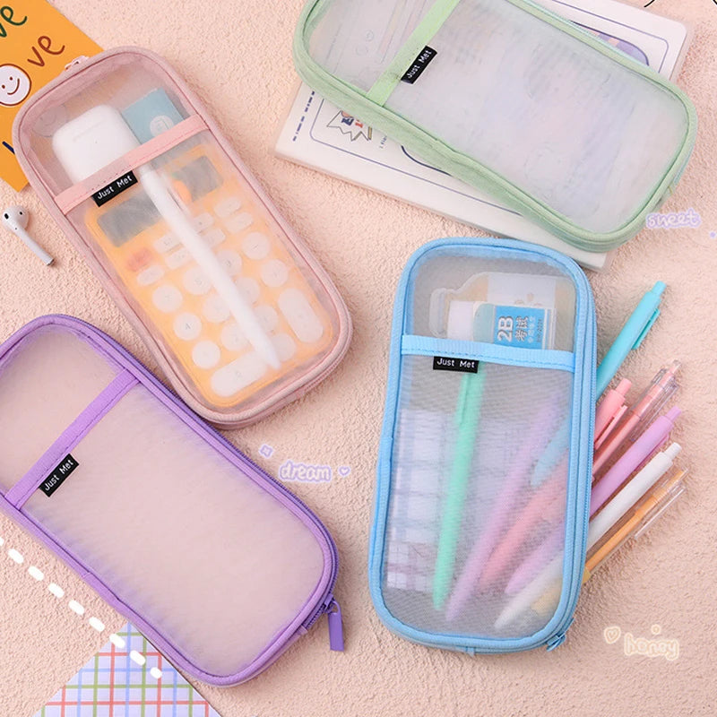 Transparent Mesh Pencil Case Large Capacity Simple and Fresh School Supplies Stationery Multi-Purpose Lightweight Makeup Bag