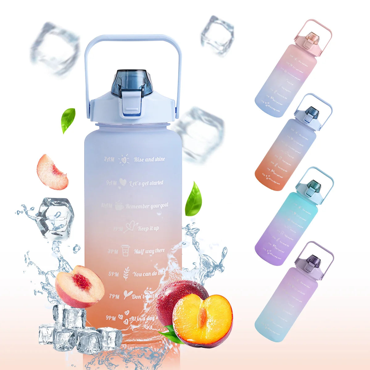 2000ml Large Capacity Gradient Color Water Cup Plastic Water Bottle with Time Scale Pop Cap Space Cup Household Living Supplies