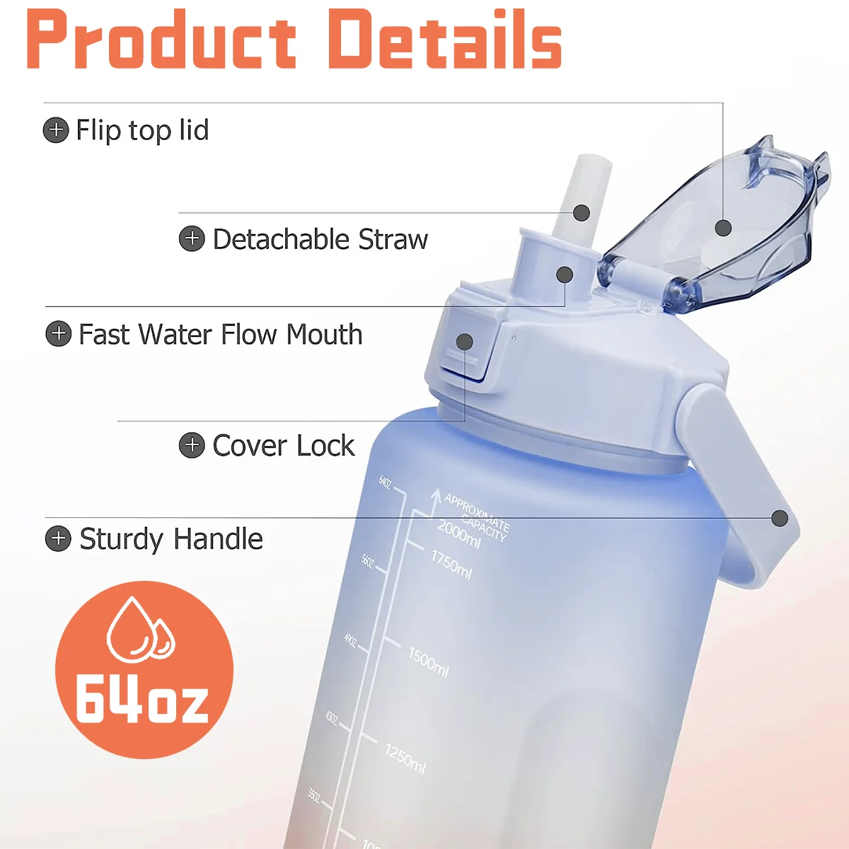 2000ml Large Capacity Gradient Color Water Cup Plastic Water Bottle with Time Scale Pop Cap Space Cup Household Living Supplies