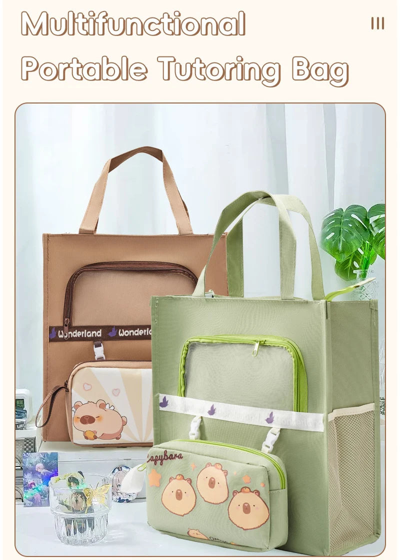 Capybara Tutoring Bag Kawaii School Student's Canvas Storage File Bag Cartoon Printing Large Capacity Tutoring Korean Stationery