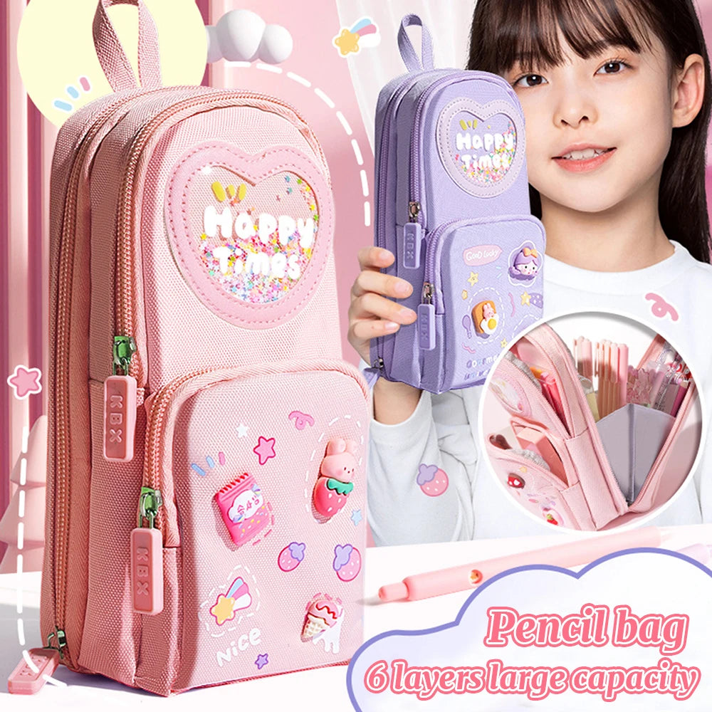 Three Layer Backpack Shape Pencil Case Large Capacity Cute Cartoon Simple for Girls School Students Stationery Supplies