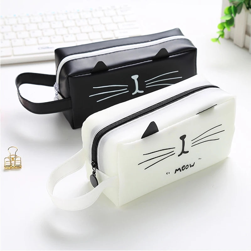 Kawaii Cat Pencil Case Large Capacity Cute Potable Storage Bag PU Leather School Stationery Supplies