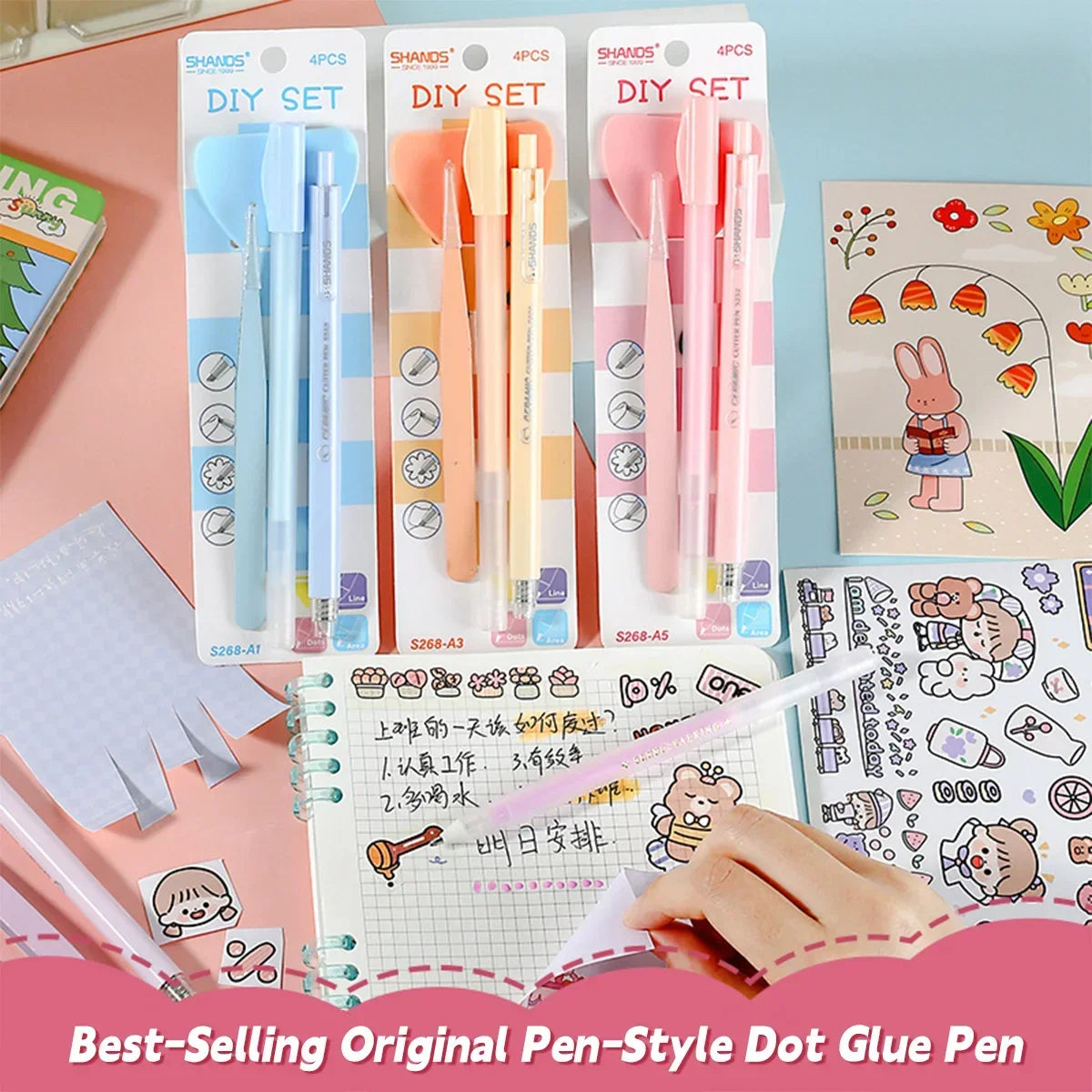 4Pcs Creative Journal Tools Kit | Cute Dot Glue Pen + Carving Knife/Shovel/Tweezers Set | Multi-Functional DIY Craft Supplies