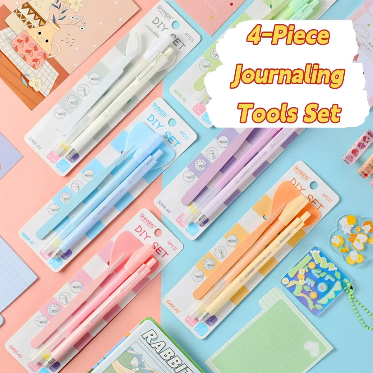 4Pcs Creative Journal Tools Kit | Cute Dot Glue Pen + Carving Knife/Shovel/Tweezers Set | Multi-Functional DIY Craft Supplies