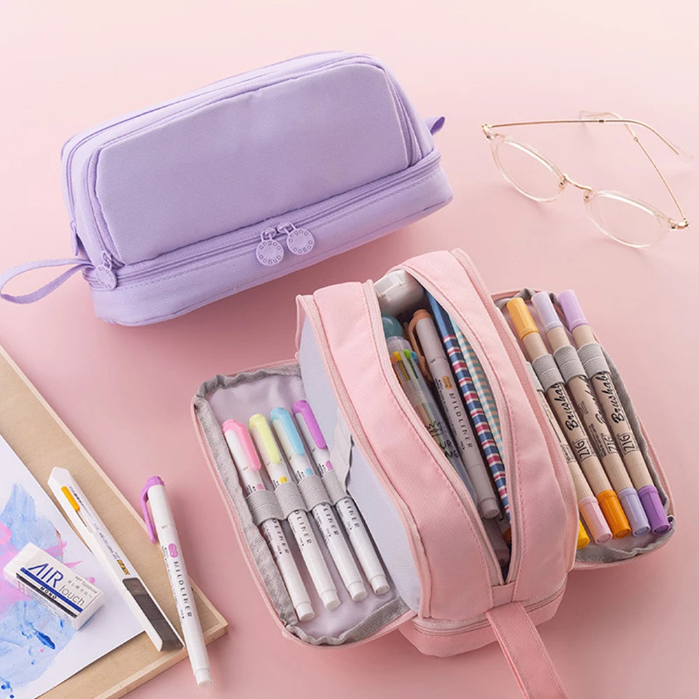 Large Capacity Pencil Case Simple Solid Color Stationery Box Double Layer Multifunctional Pen Pouch Students School Supplies