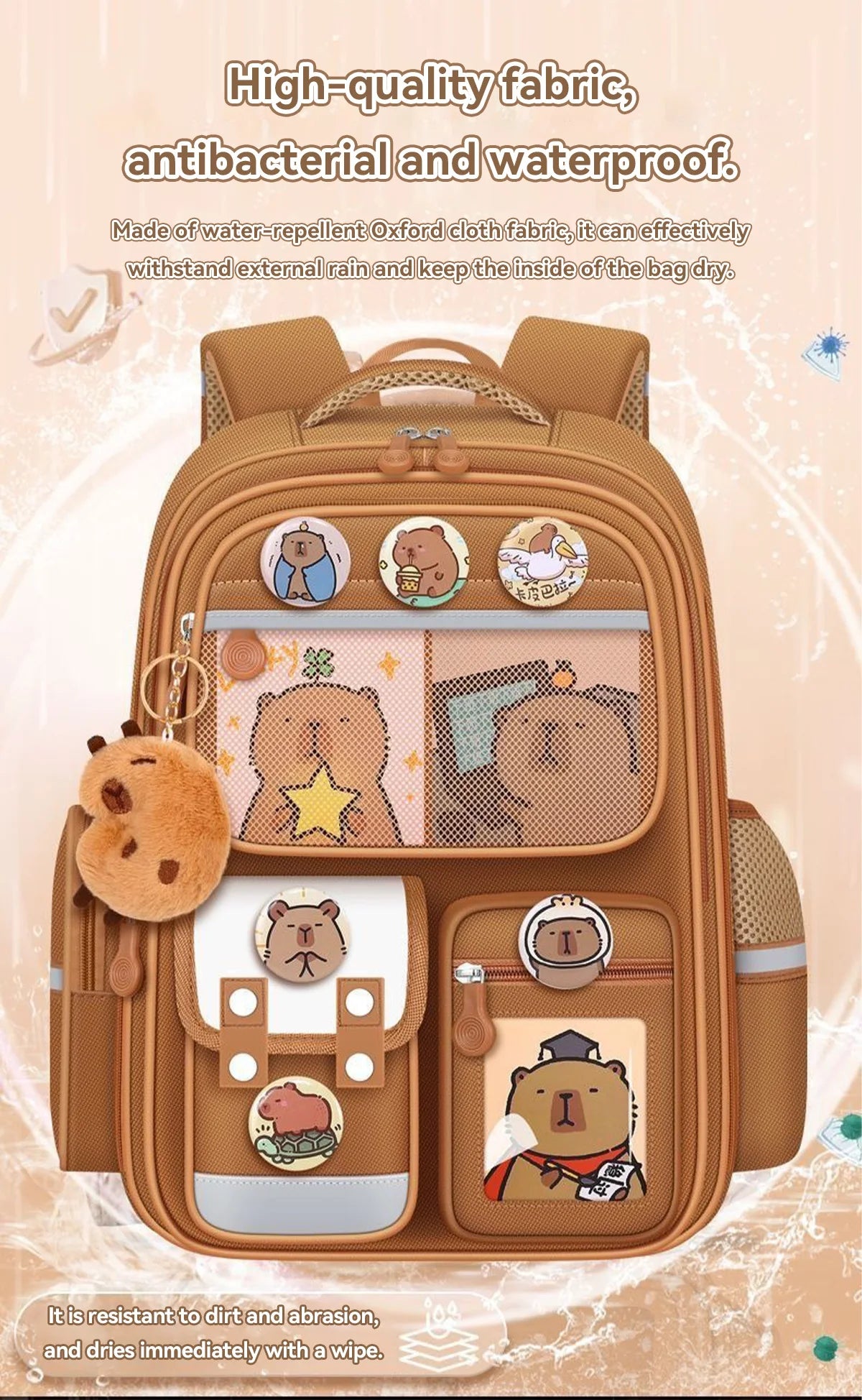 Waterproof Capybara Backpack Large Capacity Anti-Scoliosis Lightweight School Bag for Students with Ergonomic Spine Protection
