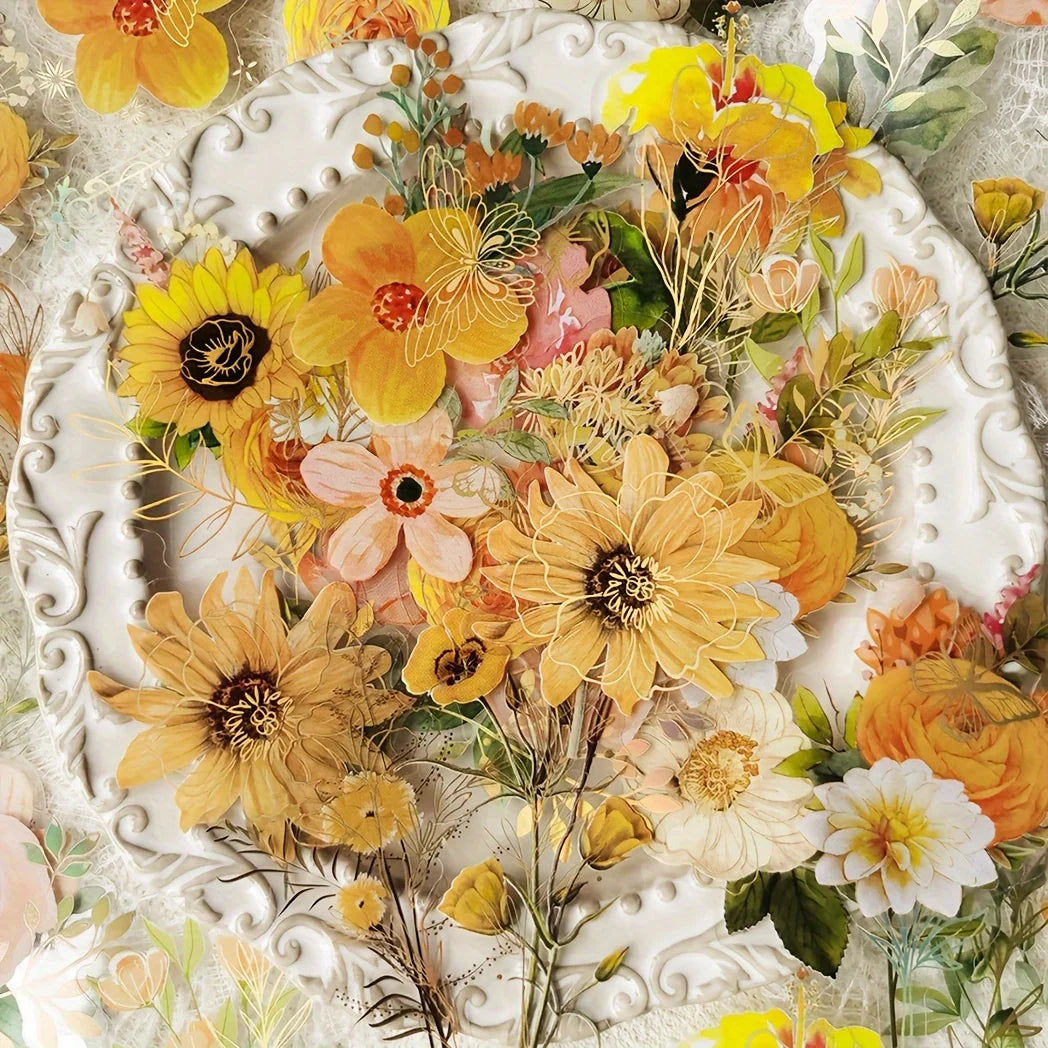 40pcs  Vintage gold foil green leaf and floral stickers, suitable for diary, planner and DIY craft scrapbook supplies