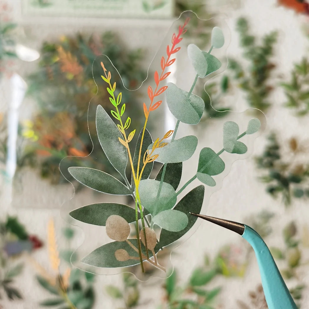 40pcs  Vintage gold foil green leaf and floral stickers, suitable for diary, planner and DIY craft scrapbook supplies