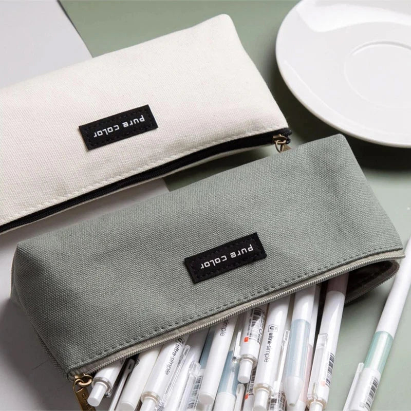 1Pc Simple Large Capacity Creative Pen Bag Fashion Solid Color Canvas Pencil Organizer Case School Supplies Stationery Gifts