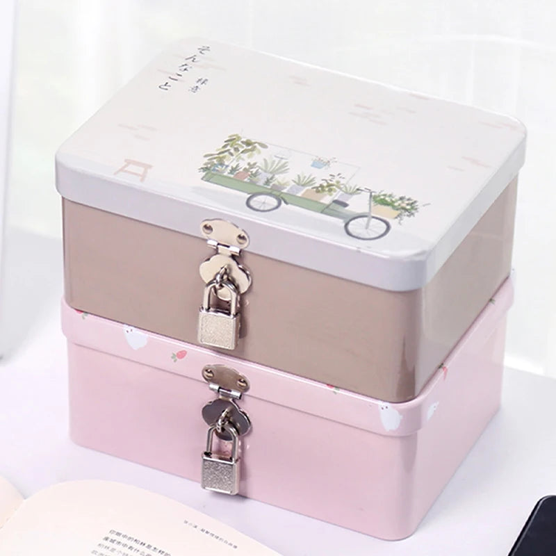 1pc cute Large Capacity Tinplate Box with Lock Key Desktop Storage Case Metal Box Pencil Candy Jar Storage Empty Box