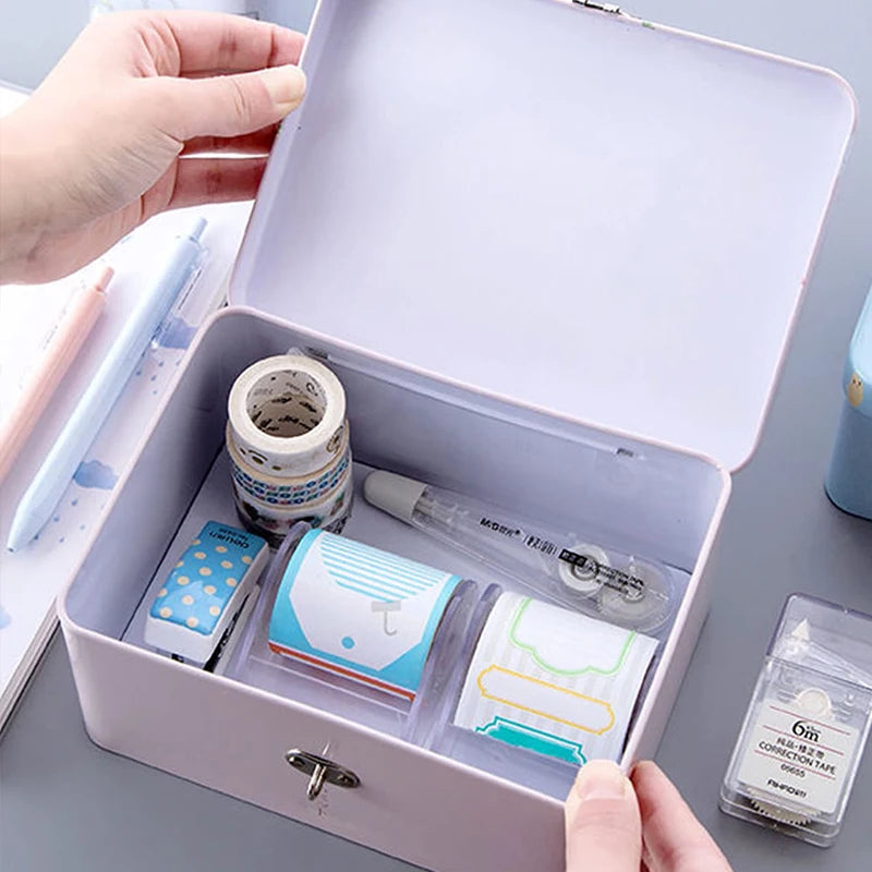 1pc cute Large Capacity Tinplate Box with Lock Key Desktop Storage Case Metal Box Pencil Candy Jar Storage Empty Box