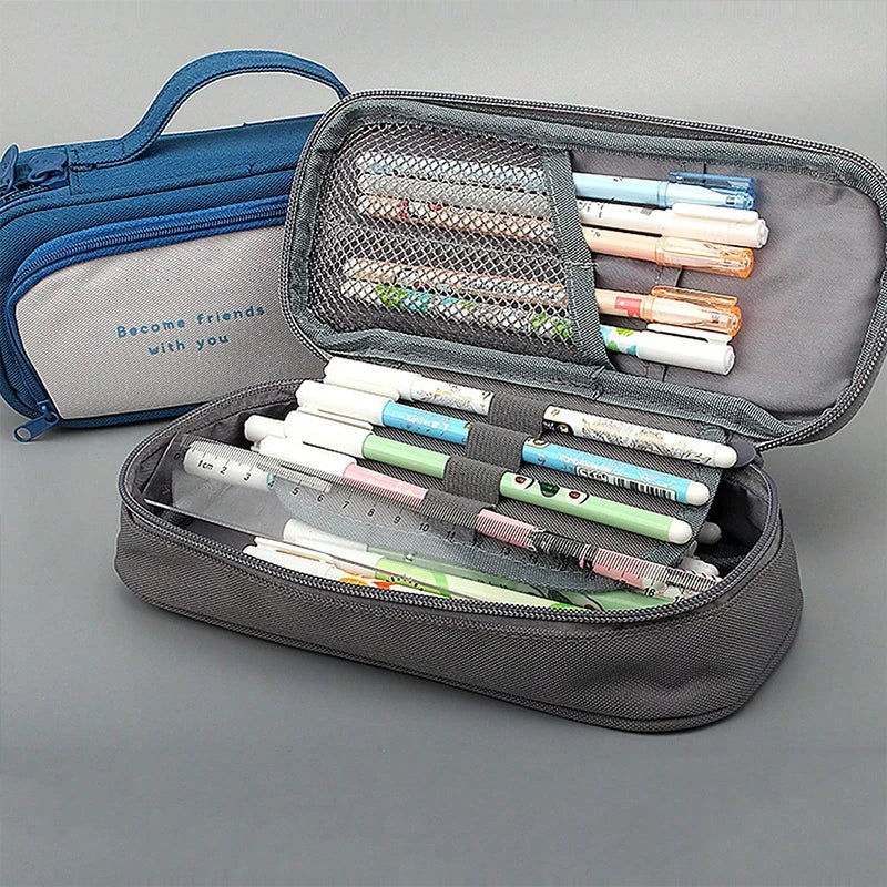 1 pc Cartoon Pencil Case Large Capacity Canvas Double-layer Pencil Bag Multi-function Handheld Kids Stationery Bag