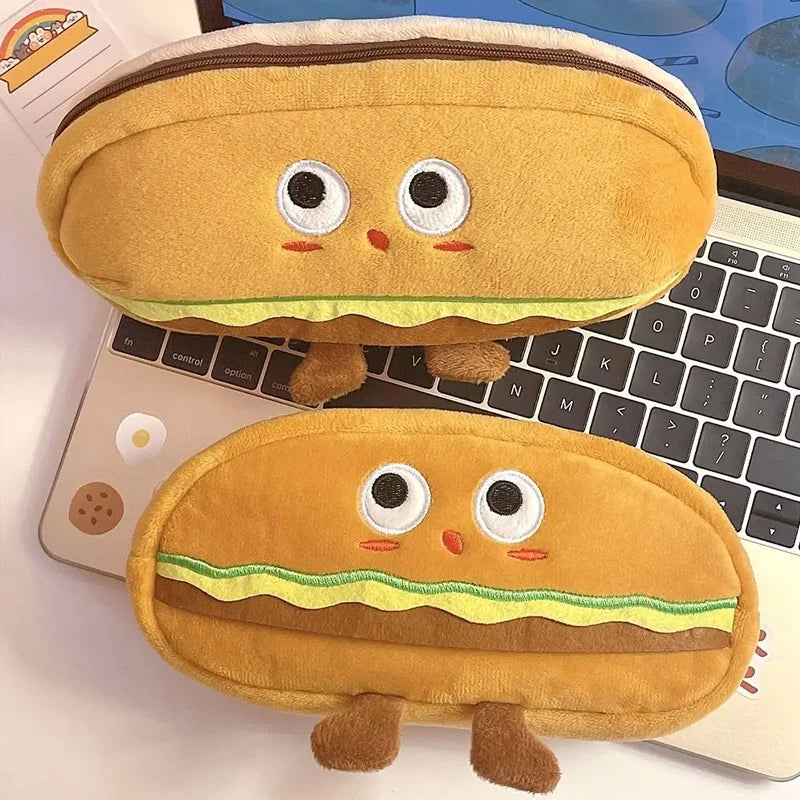 1pc Cute Hamburger Bread Toast Plush Pencil Pouch Large Capacity Kawaii Stationery Items Girls Kids back to school Gift