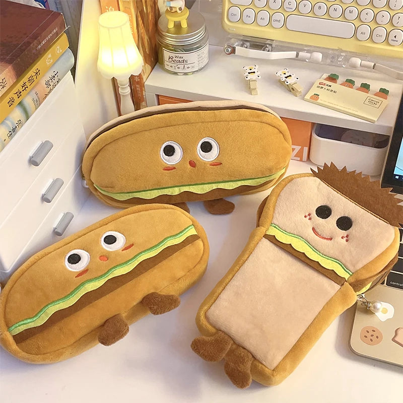 1pc Cute Hamburger Bread Toast Plush Pencil Pouch Large Capacity Kawaii Stationery Items Girls Kids back to school Gift