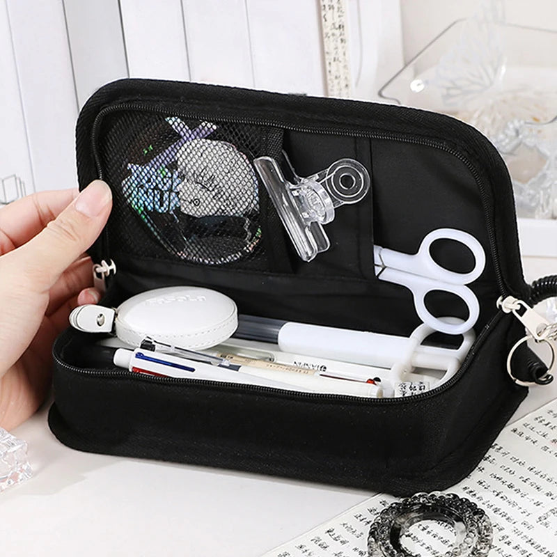 1Pc Large Capacity Pencil Case Black and White Checkerboard Grid Large Storage Pencil Bag Student Canvas Stationery Box