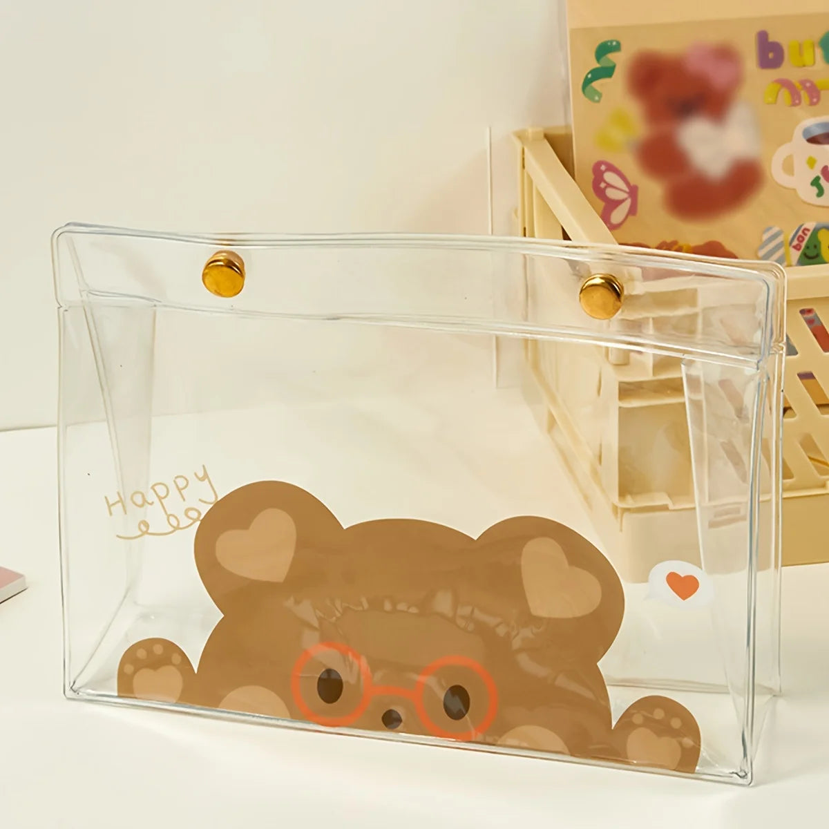 Large capacity high appearance level pencil case transparent exam special student pencil case, cute bear pattern, back to school