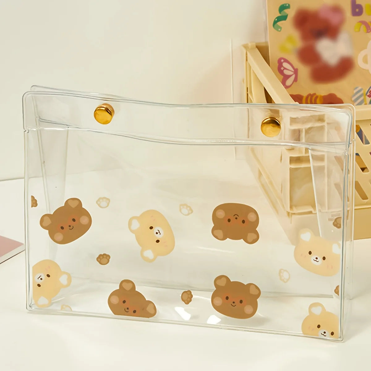 Large capacity high appearance level pencil case transparent exam special student pencil case, cute bear pattern, back to school