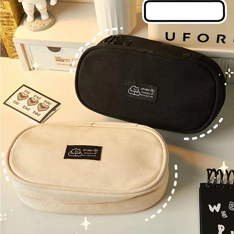 1pc Large capacity canvas pencil bag, Korean black student pencil case with large opening, multi-functional storage bag