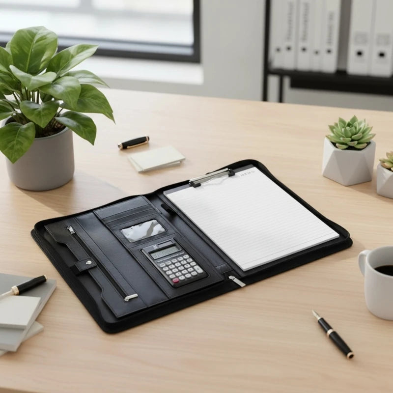 Leather Conference Folder Zippered Leather Business Document Organiser Clipboard with 12 Digit Calculator and Notepads F19E