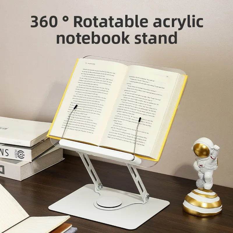 Acrylic Book Stand with 360° Rotating Base Elastic Page Clips for Reading Foldable Desktop Riser Cookbook Stand Textbook Stand