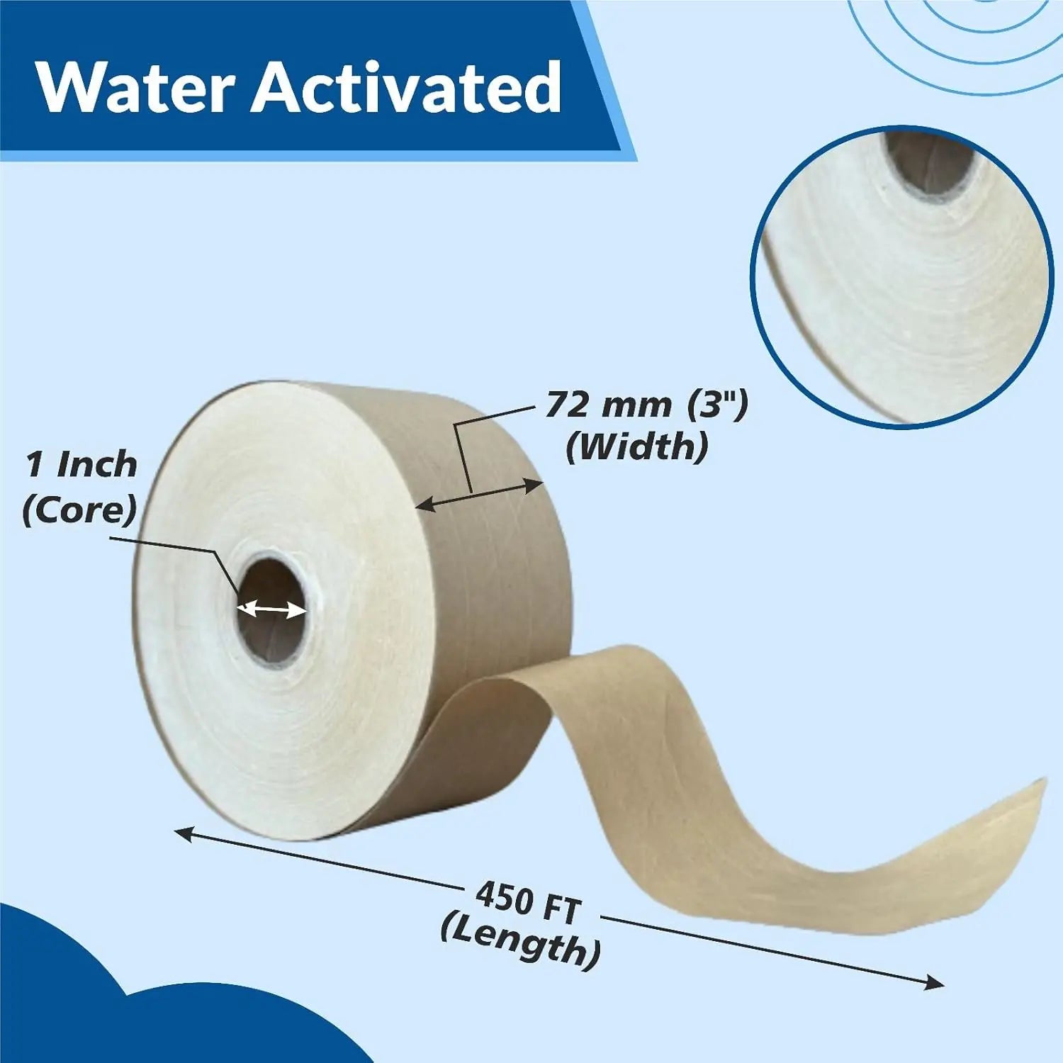 3'' x 450 Feet Reinforced Water Activated Gummed Kraft Paper Tape, for Heavy Duty Secure Packing Shipping, Tamper Eviden