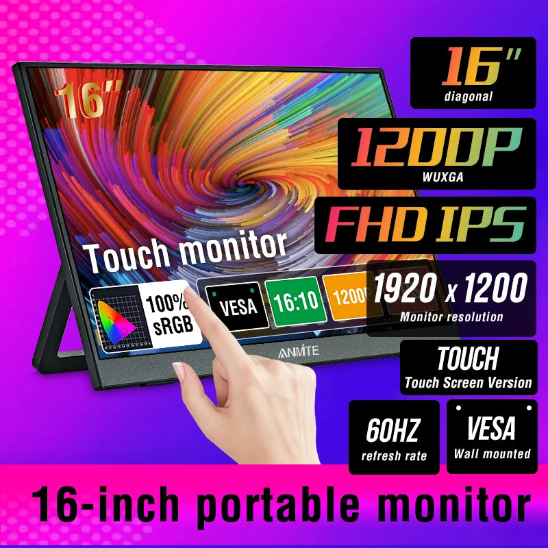 Anmite 14/16-Inch Portable Touch Monitor 1200P HDR 16:10 Low Blue Light For XBox PS4 / 5 Switch Cell Phone PC Loptop Extension