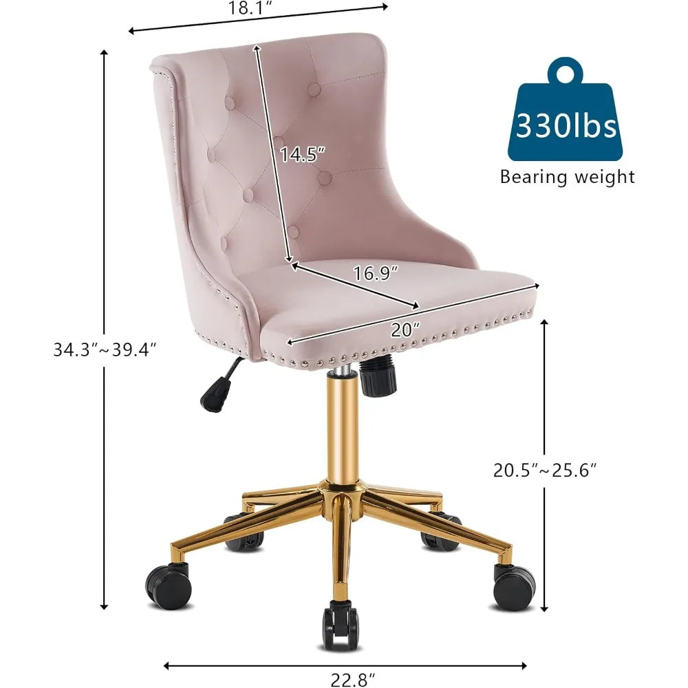 Light Pink Velvet Armless Office Desk Chair with Gold Base and Wheels, Cute Bedroom Vanity or Makeup Chair with Back Support