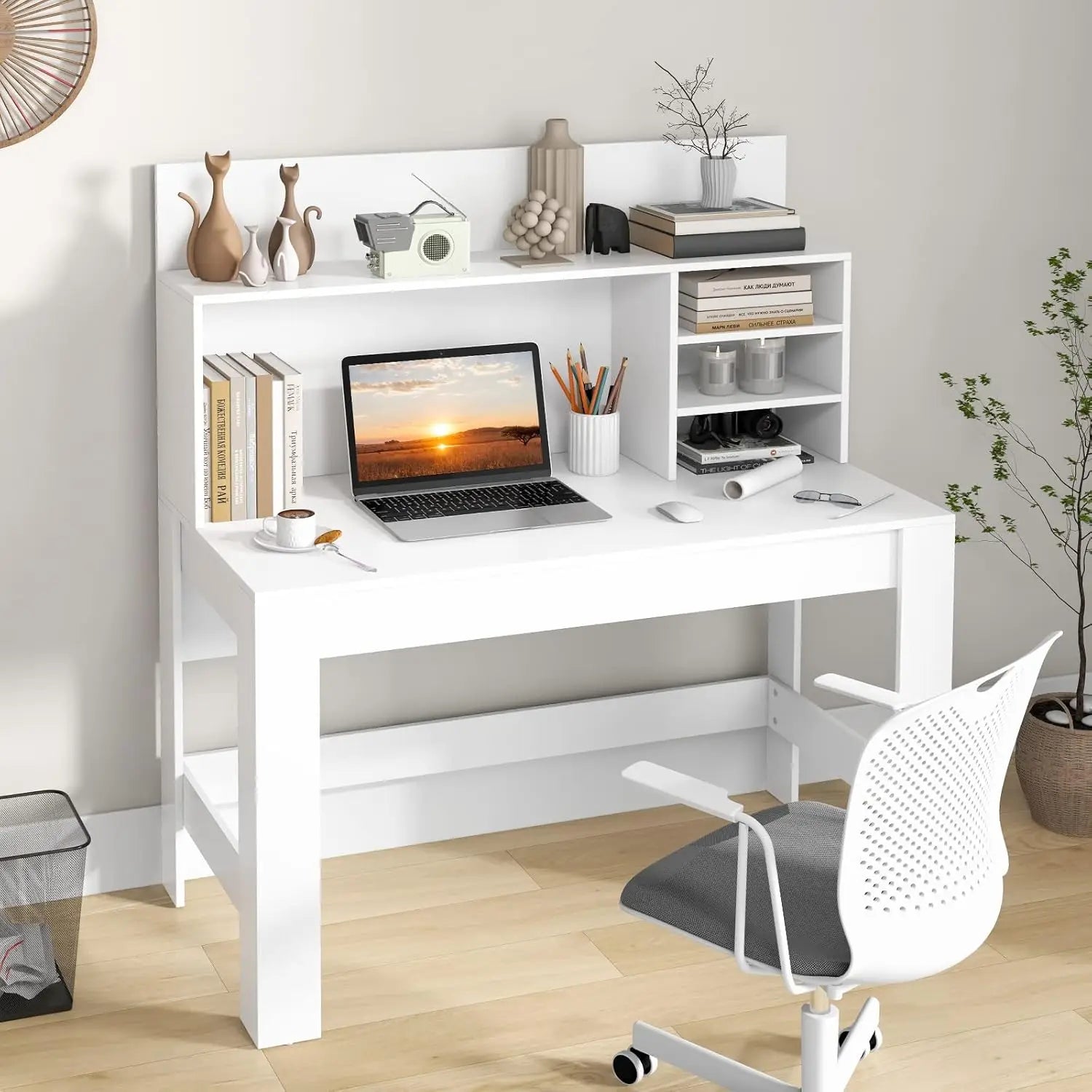 White Desk With Hutch, Home Office Desk With Bookshelf, Writing Study Desk With Anti-Toppling Device & Cable Hole, Modern Comput