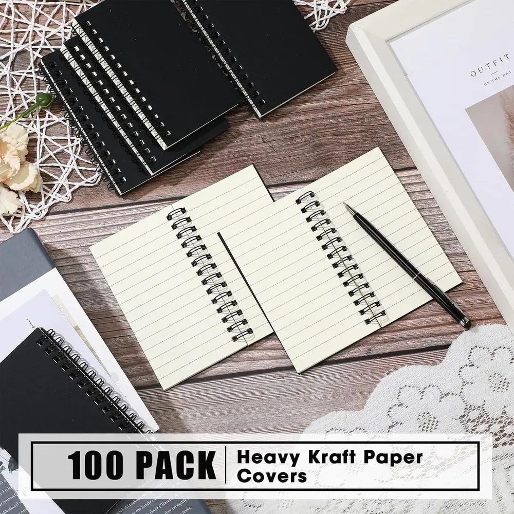 100 Pack Mini Spiral Notebooks, 3x5 Size, Lined 120-Page Journals for Office, School, and Gifts (Black)