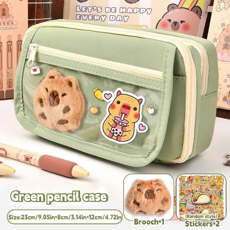 Large-capacity Pencil Case Cute and Flip-top Simple Stationery Bag with Brooch Stickers Suitable for Students School Supplies