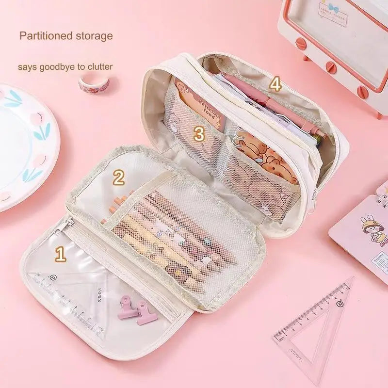 Large-capacity Pencil Case Cute and Flip-top Simple Stationery Bag with Brooch Stickers Suitable for Students School Supplies