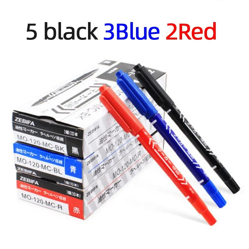 10pcs/set Double Head Marker Pen Waterproof Black/Blue/Red Oily Ink Pen School Study Stationery Life Office Supplies