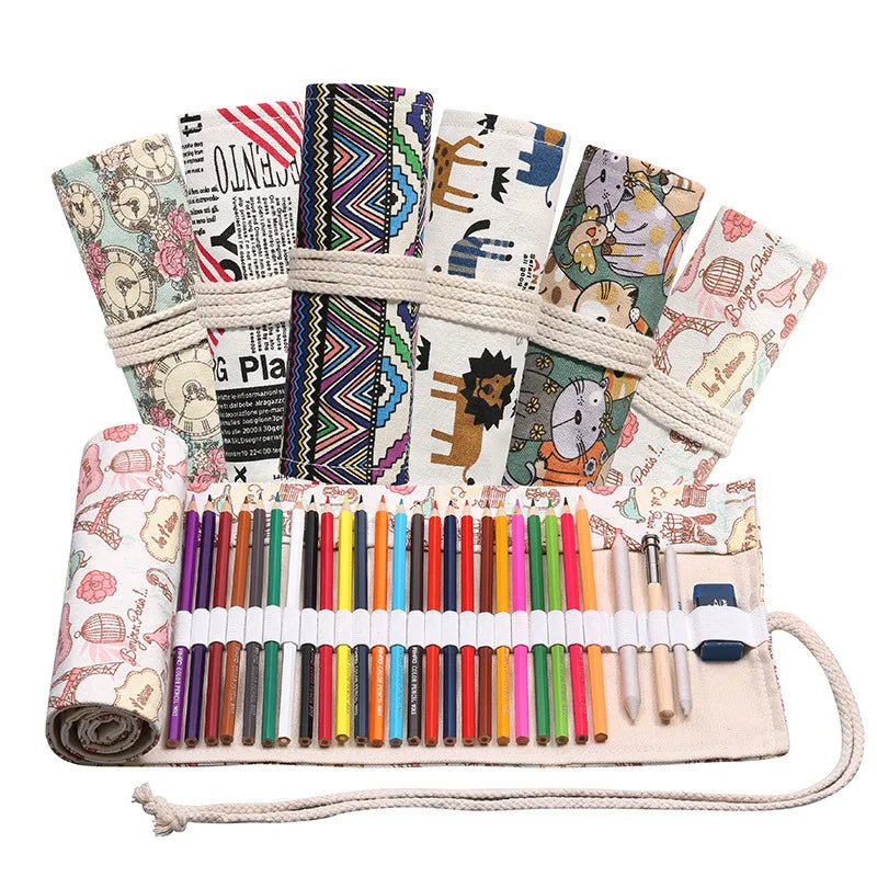 24 Holes Roll Art Pencil Case Korean Style Canvas Student Pencil Bag Paint Brush Art Holder Student Supplies Stationery