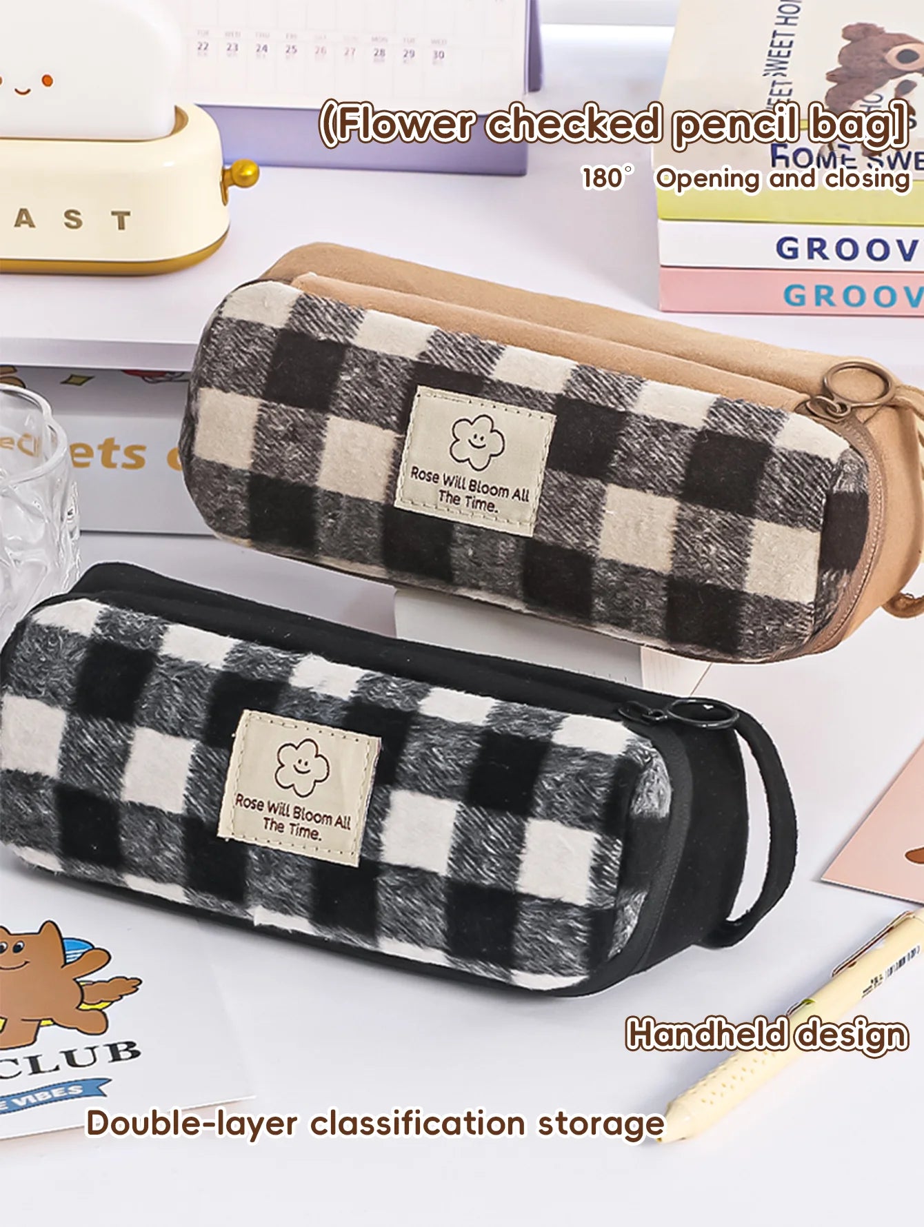Korean College Style Plush Checkered Pencil Case-Double-Layer Large Capacity Organizer Durable School Supplies Gift for Students