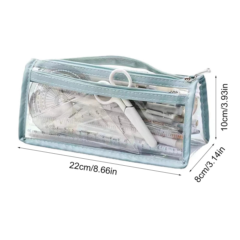 Transparent PVC Pencil Case Waterproof Large Capacity Double Layer Pen Bag Ins Style Makeup Bag Storage Bag School Stationery
